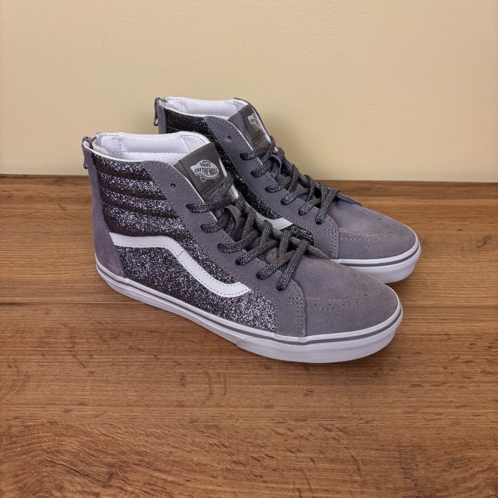 VANS Sk8-Hi Zip‎ Shoe Gunmetal Grey Kids Size 6 High Top Suede Glitter Silver